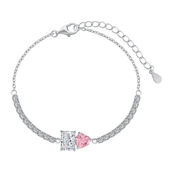 S925 Sterling Silver Women's Pink Heart Zircon Row Diamond Design Electroplated Tennis Bracelet