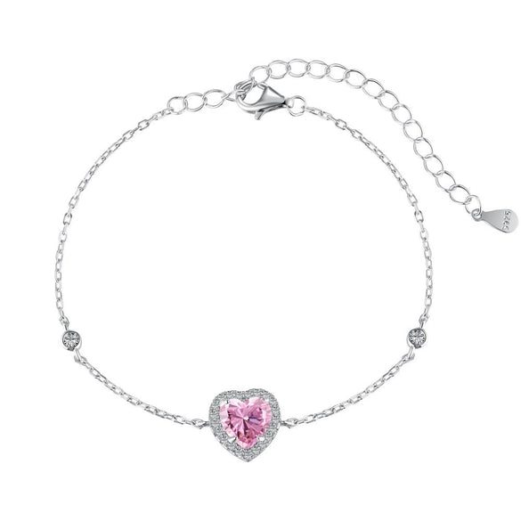 S925 Sterling Silver Women's Pink Heart Zircon Row Diamond Design Electroplated Tennis Bracelet