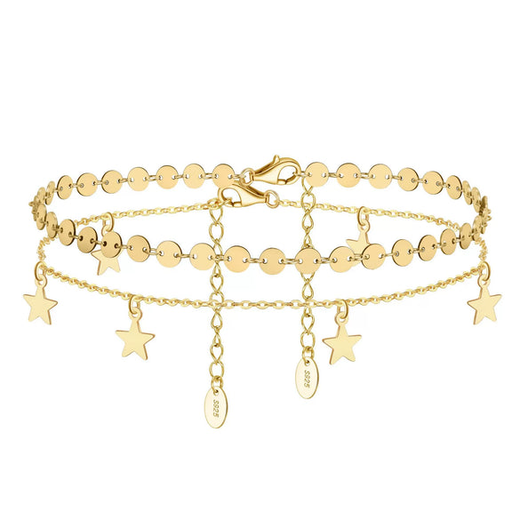 S925 Sterling Silver Women's Simple Anklet With Disc Chain And Fivepointed Star