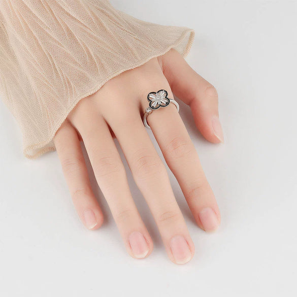 S925 Sterling Silver Zircon Clover Rotating Adjustable Open Ring For Women Electroplated Geometric Fashion Jewelry