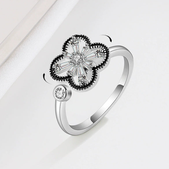 S925 Sterling Silver Zircon Clover Rotating Adjustable Open Ring For Women Electroplated Geometric Fashion Jewelry