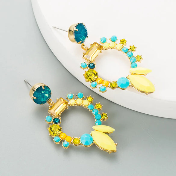 S925 Silver Needle European And American Fashion Colored Rhinestone Hollow Flower Alloy Earrings Accessories Wholesale