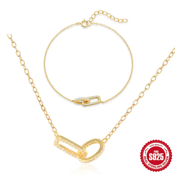 S925 Sterling  Double Buckle Single Row Diamond-Studded Necklace Bracelet Jewelry Suit   All-Matching Graceful Accessories
