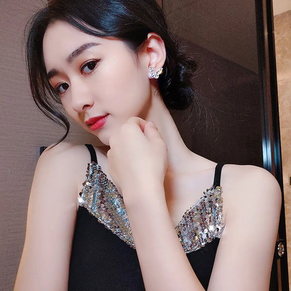 S925 Sterling Silver Needle Retro  Style Butterfly Earrings Rhinestone Glittering Small Earrings New Temperament Super Fairy Earrings Wholesale Gooddiy
