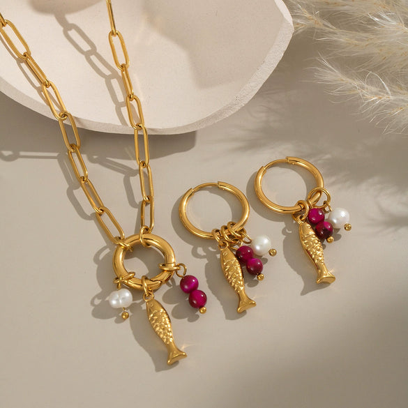Seaside Accessories Natural Stone Freshwater Pearl Fish Necklace Earrings Set In Stainless Steel And Titanium Steel With Sea Life Pattern And Electroplating For Women