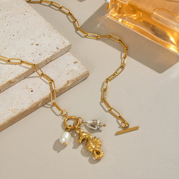 Seaside Leisure Pearl Seahorse Conch Stainless Steel Necklace With Ot Buckle Electroplated In 18K Gold Geometric Style For Women