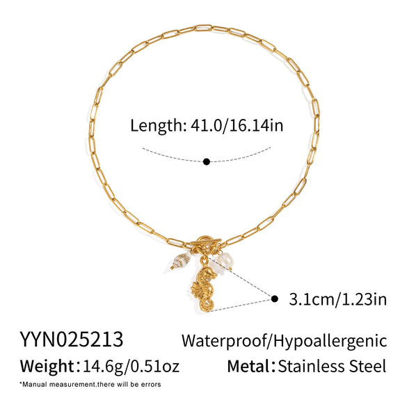 Seaside Leisure Pearl Seahorse Conch Stainless Steel Necklace With Ot Buckle Electroplated In 18K Gold Geometric Style For Women