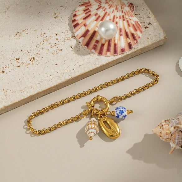 Seaside Ocean Style Conch Crab Claw Ceramic Glaze Handmade Stainless Steel Chain Bracelet With Electroplating For Women