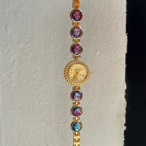 Secondhand Luxury Highend Colorful Women's Metal Bracelet Quartz Watch With Cat's Eye Chain And Round Dial