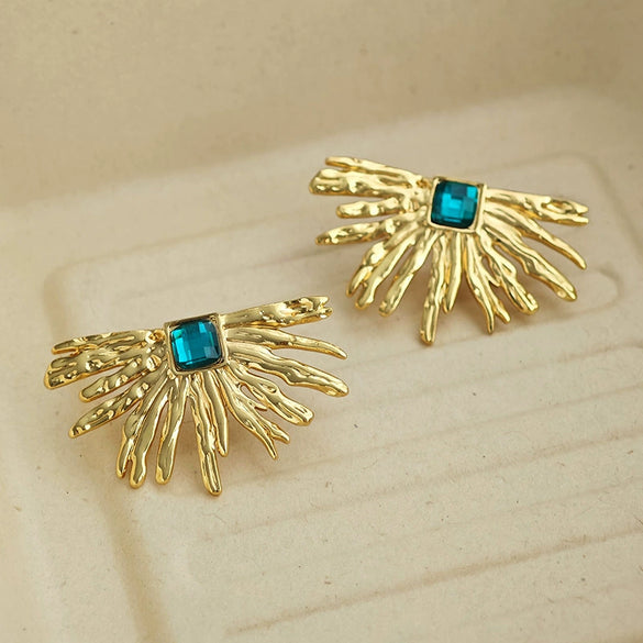 Semi Circle Sunflower Titanium Steel Earrings With Fashionable Design And Electroplating Green Cat's Eye For Women