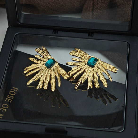 Semi Circle Sunflower Titanium Steel Earrings With Fashionable Design And Electroplating Green Cat's Eye For Women