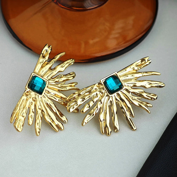 Semi Circle Sunflower Titanium Steel Earrings With Fashionable Design And Electroplating Green Cat's Eye For Women