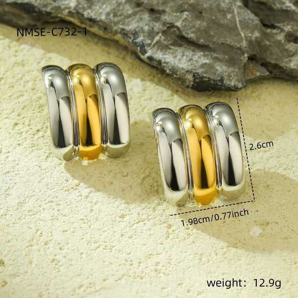 Semicircular Stainless Steel And 18K Gold Geometric Style Electroplated Women's Earrings And Ring