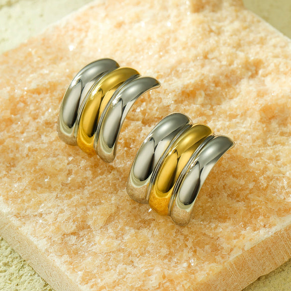 Semicircular Stainless Steel And 18K Gold Geometric Style Electroplated Women's Earrings And Ring