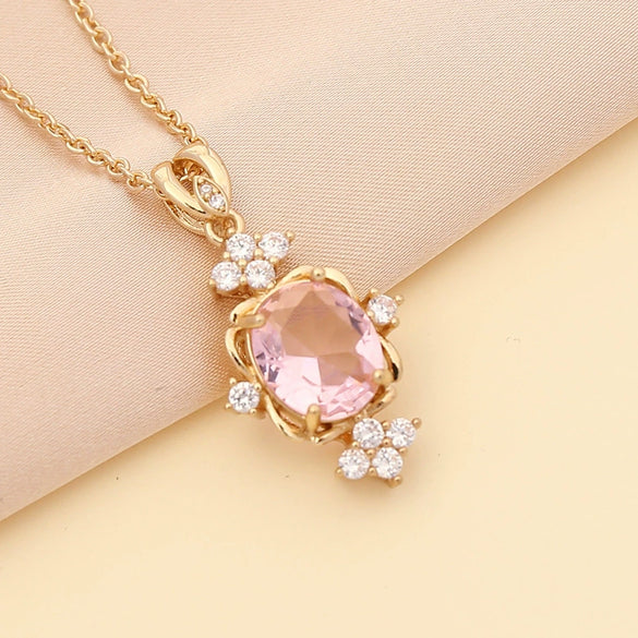 Semiprecious Stone Full Diamond Dropshaped Women's Simple Metal Necklace With Box Chain