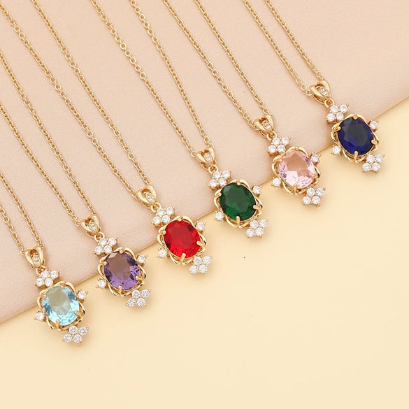 Semiprecious Stone Full Diamond Dropshaped Women's Simple Metal Necklace With Box Chain