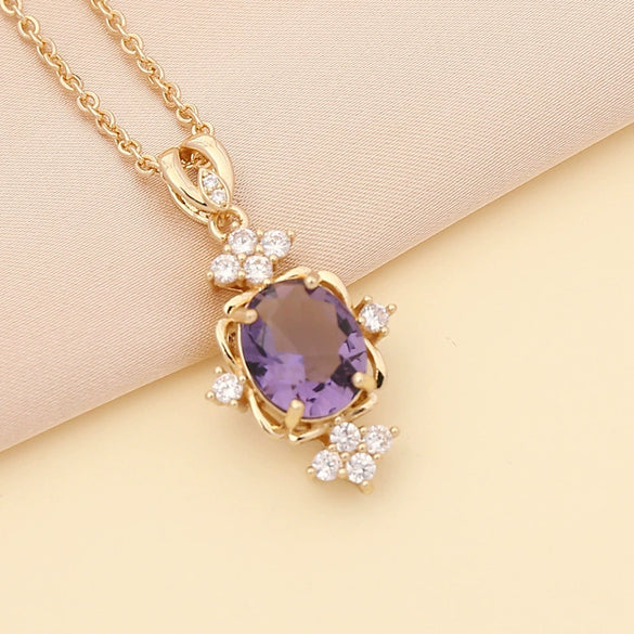 Semiprecious Stone Full Diamond Dropshaped Women's Simple Metal Necklace With Box Chain