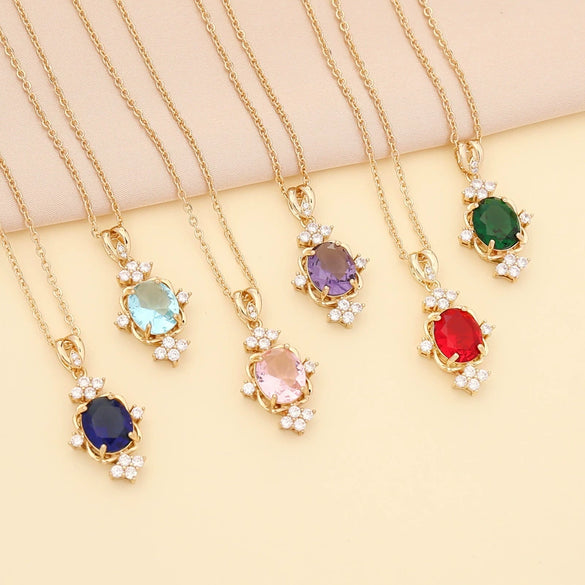 Semiprecious Stone Full Diamond Dropshaped Women's Simple Metal Necklace With Box Chain