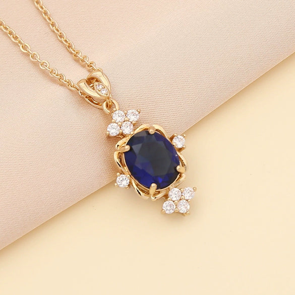 Semiprecious Stone Full Diamond Dropshaped Women's Simple Metal Necklace With Box Chain