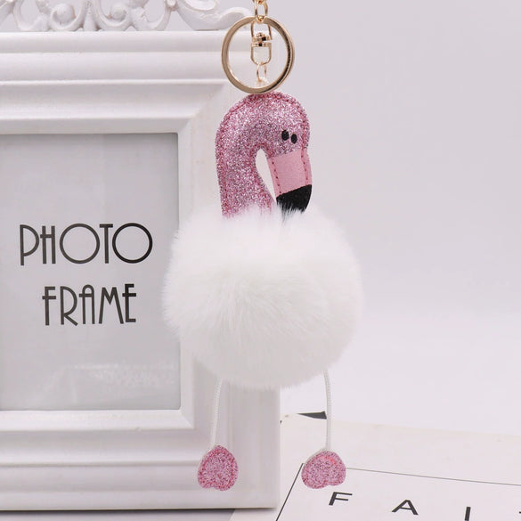 Sequined Flamingo Plush Keychain Glitter Pu Leather Imitation Rex Rabbit Fur Ball Bag Pendant