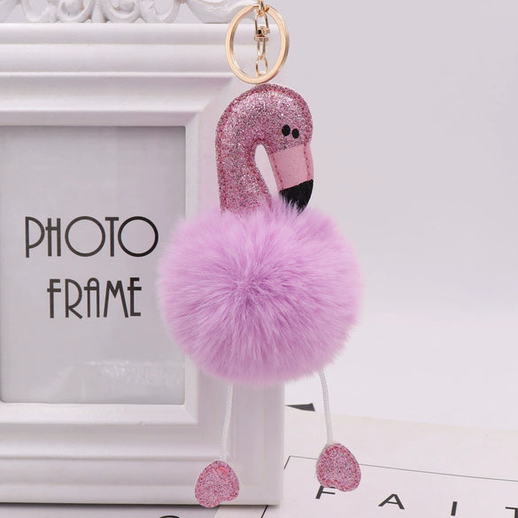 Sequined Flamingo Plush Keychain Glitter Pu Leather Imitation Rex Rabbit Fur Ball Bag Pendant