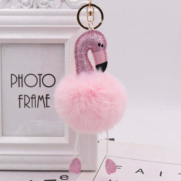Sequined Flamingo Plush Keychain Glitter Pu Leather Imitation Rex Rabbit Fur Ball Bag Pendant