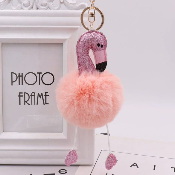 Sequined Flamingo Plush Keychain Glitter Pu Leather Imitation Rex Rabbit Fur Ball Bag Pendant