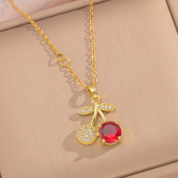 Set Of Women's Cherry Patterned Necklaces And Earrings In Titanium Steel And Copper With Diamond Set And Vacuum Furnace Electroplating