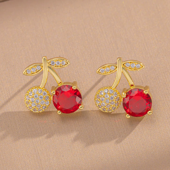 Set Of Women's Cherry Patterned Necklaces And Earrings In Titanium Steel And Copper With Diamond Set And Vacuum Furnace Electroplating