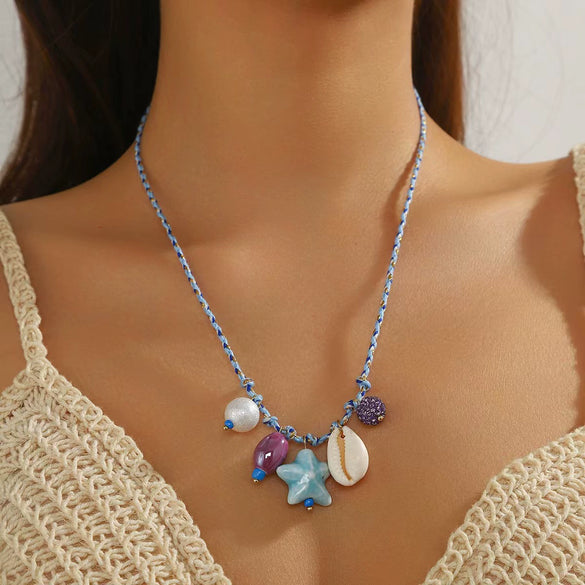 Shell And Ceramic Dopamine Starfish And Fish Pendant Necklace Electroplated Ocean Style For Women