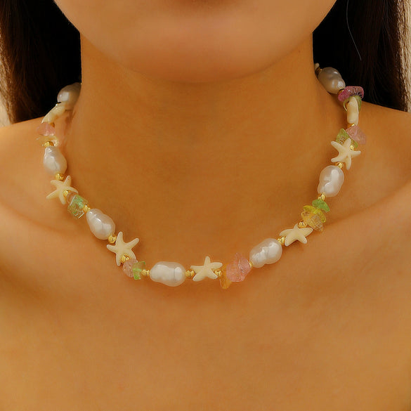 Shell And Ceramic Dopamine Starfish And Fish Pendant Necklace Electroplated Ocean Style For Women