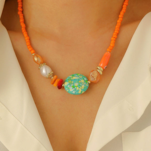 Shell And Ceramic Dopamine Starfish And Fish Pendant Necklace Electroplated Ocean Style For Women