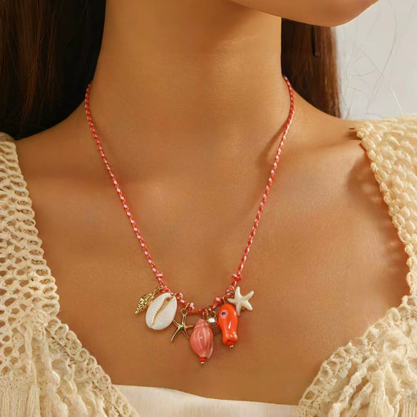 Shell And Ceramic Dopamine Starfish And Fish Pendant Necklace Electroplated Ocean Style For Women