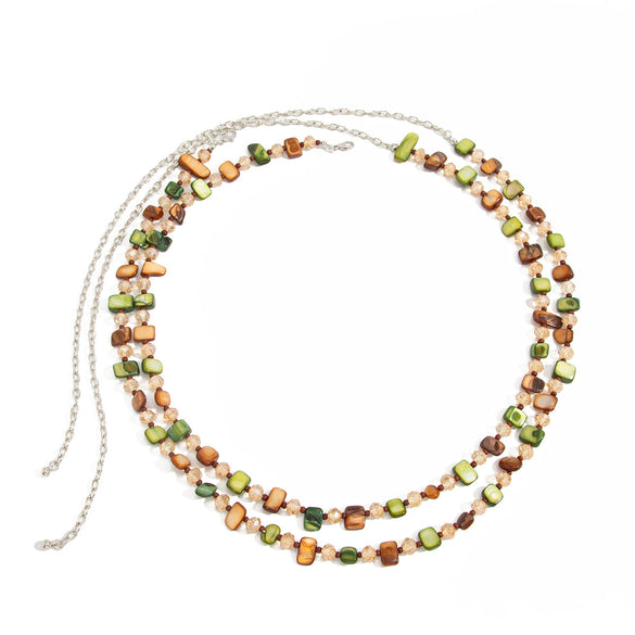 Shell And Crystal Seed Bead Layered Body Chain Waist Belt With Lobster Clasp For Women