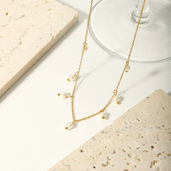 Shell Bead Pearl Necklace For Girls High End Niche Versatile Titanium Steel Pvdp Furnace Real Gold Plated Millet Bead Stainless Steel Cross Chain Necklace With Geometric Design