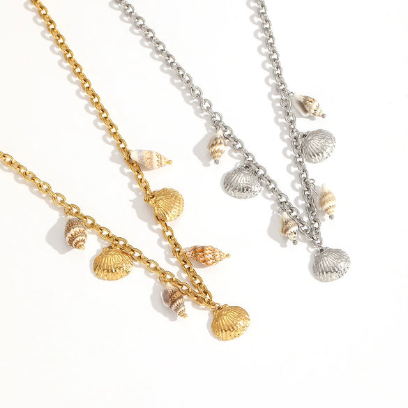 Shell Conch Stainless Steel Women's Fashion Minimalist Geometric O Chain Necklace 18K Gold Plated