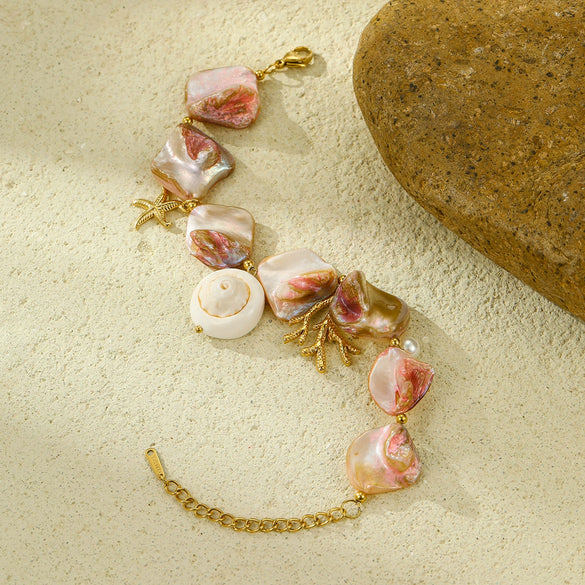 Shell Coral Stainless Steel 18K Gold Electroplated Bracelet For Women Vacation Style