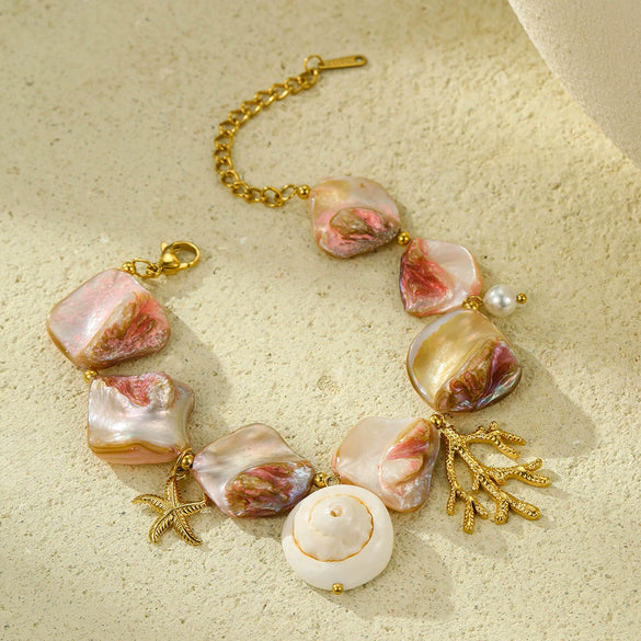 Shell Coral Stainless Steel 18K Gold Electroplated Bracelet For Women Vacation Style