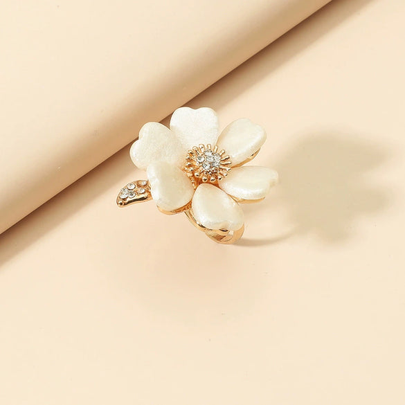 Shell Flower Ring Diamondencrusted Niche Style Alloy Joint Women's