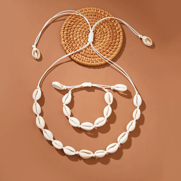 Shell Geometric Pattern Manual Woven Bracelet And Necklace For Women