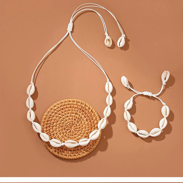 Shell Geometric Pattern Manual Woven Bracelet And Necklace For Women