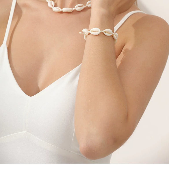 Shell Geometric Pattern Manual Woven Bracelet And Necklace For Women