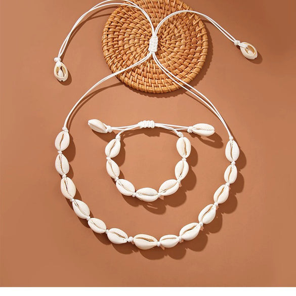 Shell Geometric Pattern Manual Woven Bracelet And Necklace For Women