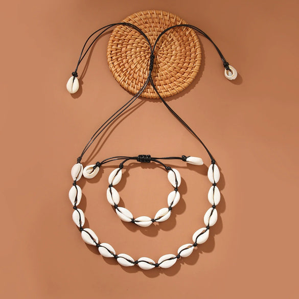 Shell Geometric Pattern Manual Woven Bracelet And Necklace For Women