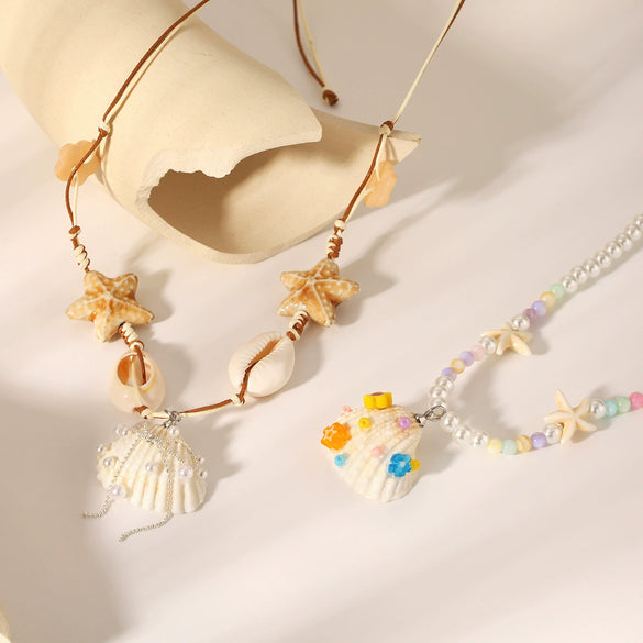 Shell Geometric Starfish Hand Knitted Women's Beaded Pearl Clavicle Necklace