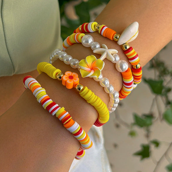 Shell Handmade Geometric And Flower Patterned Starfish Pendant Stacked Bracelet For Women