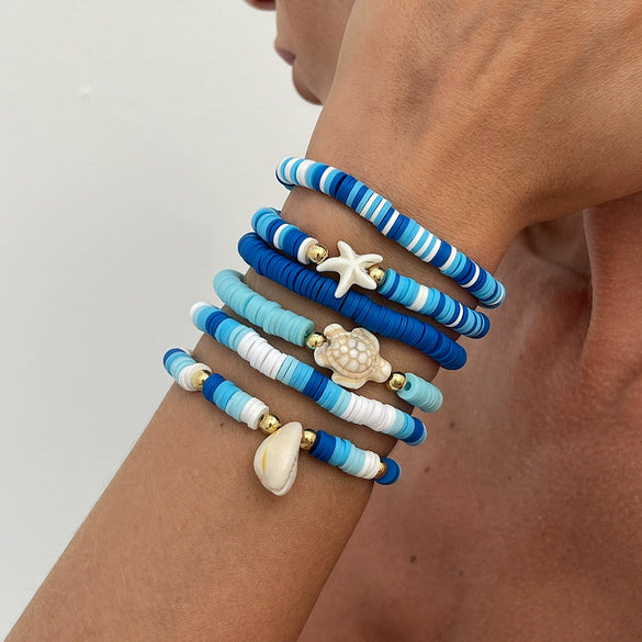 Shell Handmade Geometric And Flower Patterned Starfish Pendant Stacked Bracelet For Women