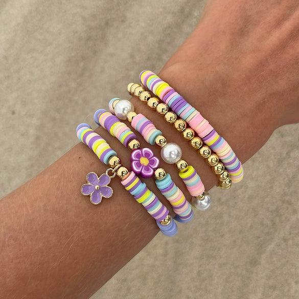 Shell Handmade Geometric And Flower Patterned Starfish Pendant Stacked Bracelet For Women