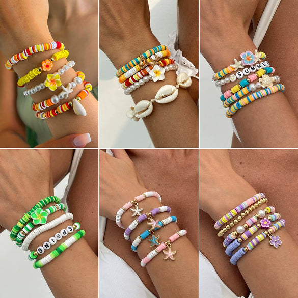 Shell Handmade Geometric And Flower Patterned Starfish Pendant Stacked Bracelet For Women