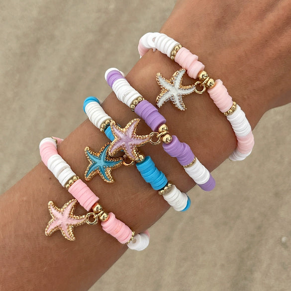 Shell Handmade Geometric And Flower Patterned Starfish Pendant Stacked Bracelet For Women